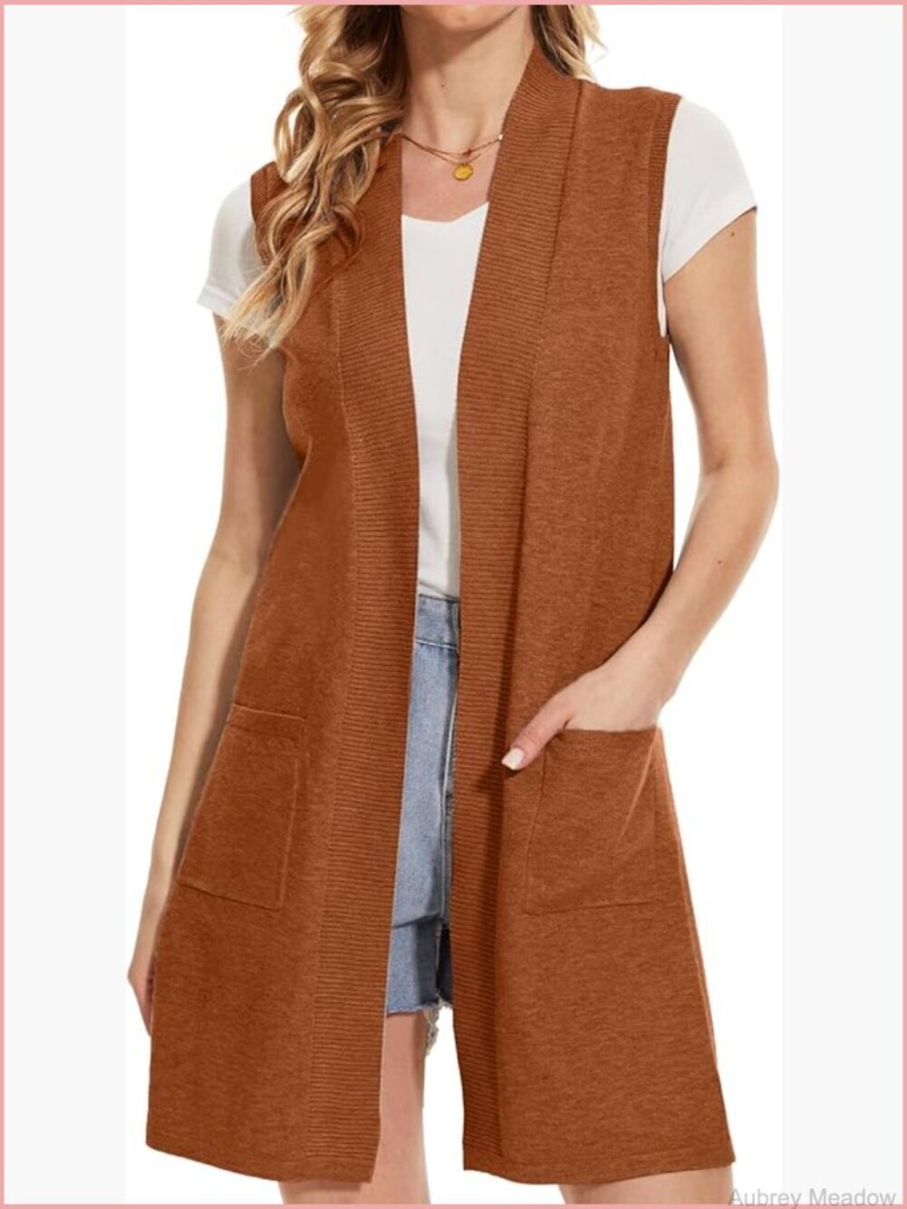 Sleeveless Cardigan Vest with Pockets Ribbed Knit Long Open Front Duster